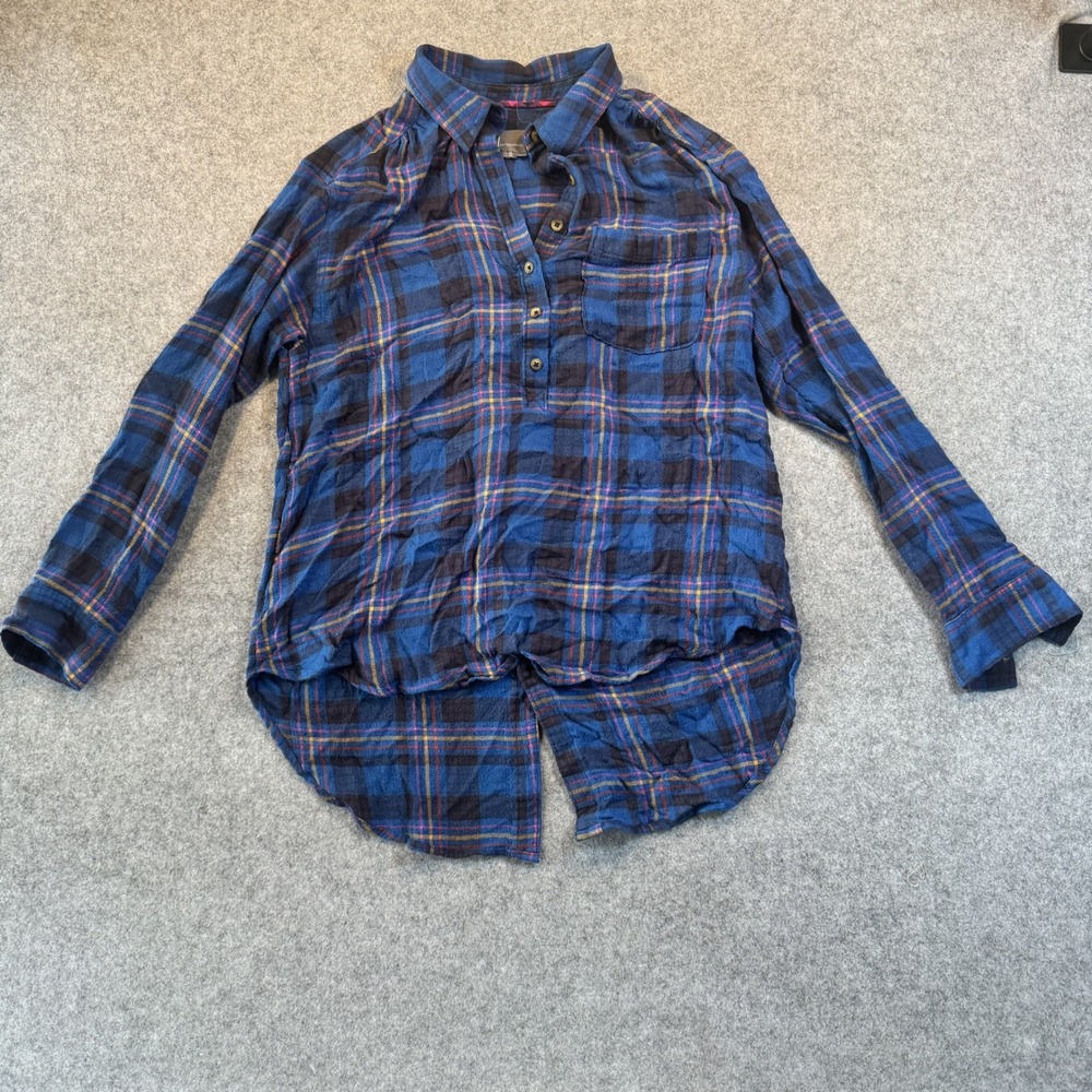 Anthropologie Plaid Henley Top Medium Blue Multi Split High-Low Hem Viscose